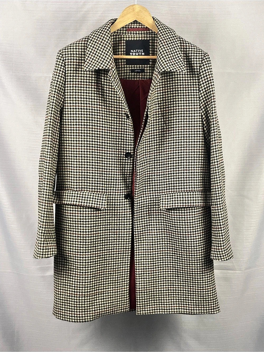 NWOT Native Youth Houndstooth Coat Cream Black Burgundy Lining Sz M